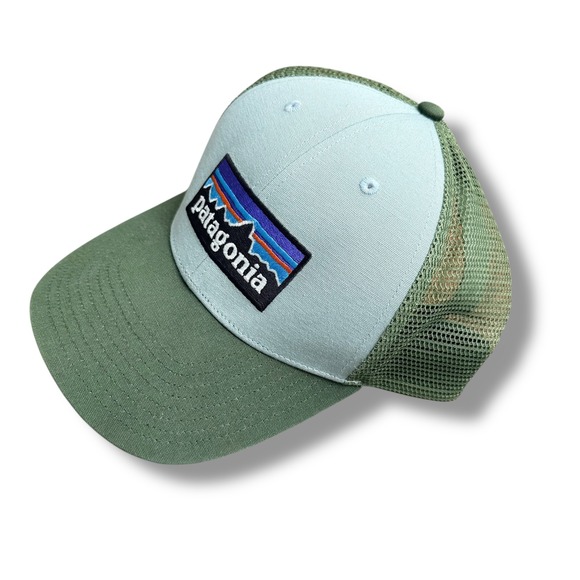 Patagonia Trucker Hat Mesh Cap Green Tan Logo Mountains Outdoor‎ Snap Back - Picture 2 of 8
